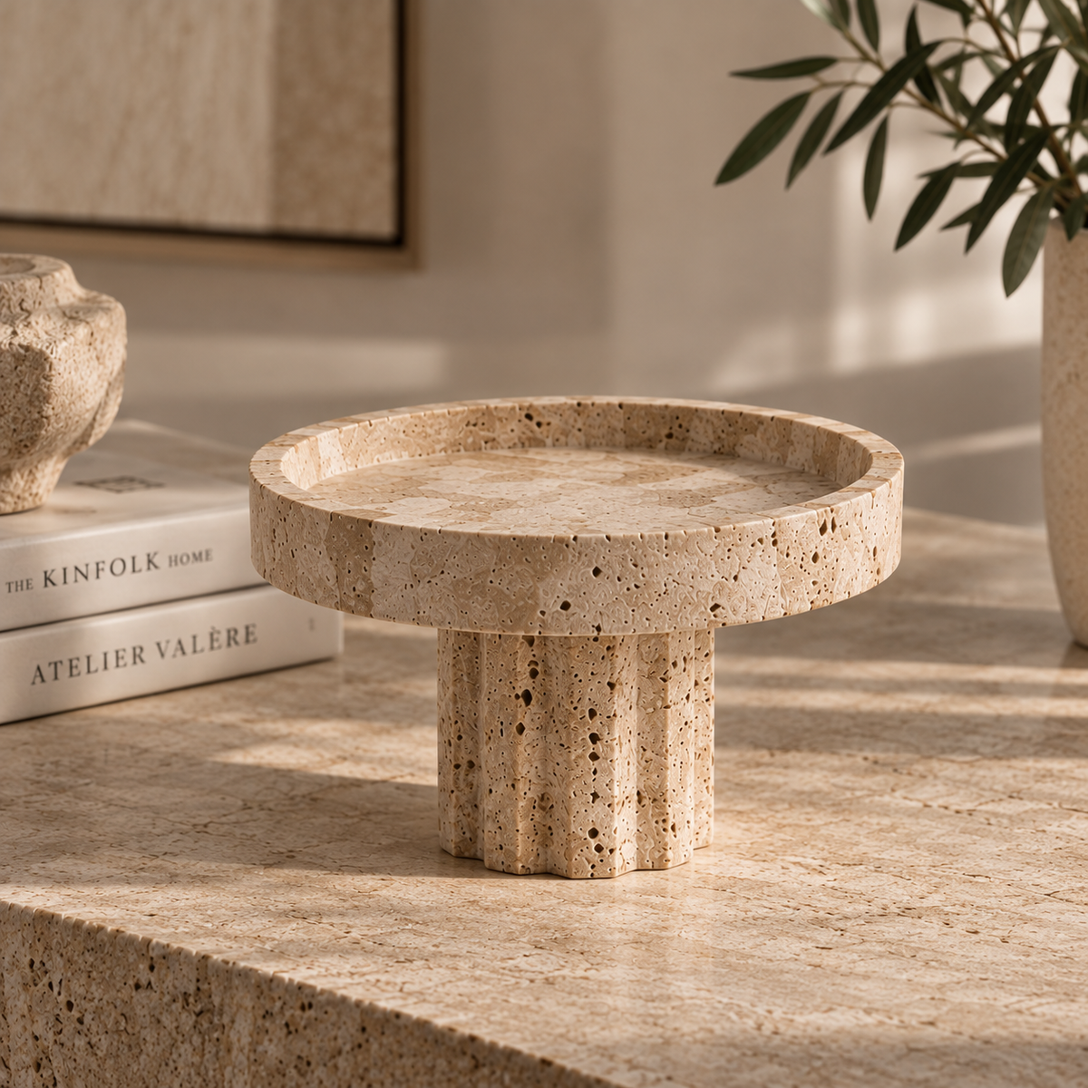 Travertine pedestal bowl by Atelier Valère